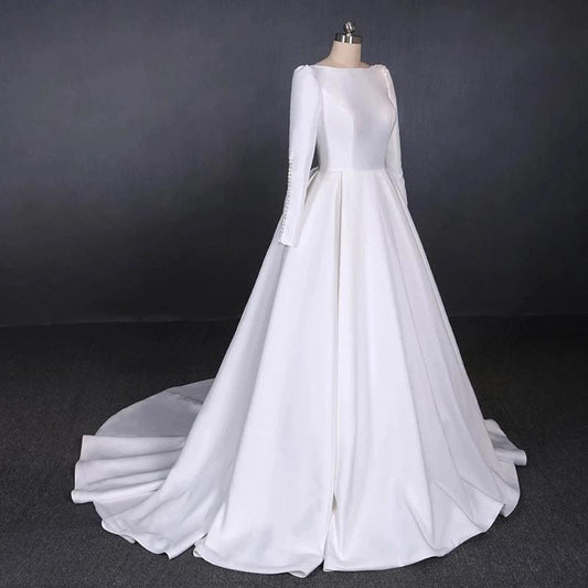 Ball Gown Long Sleeve White Satin Wedding Dresses, Long Simple Wedding Gowns SJS15060