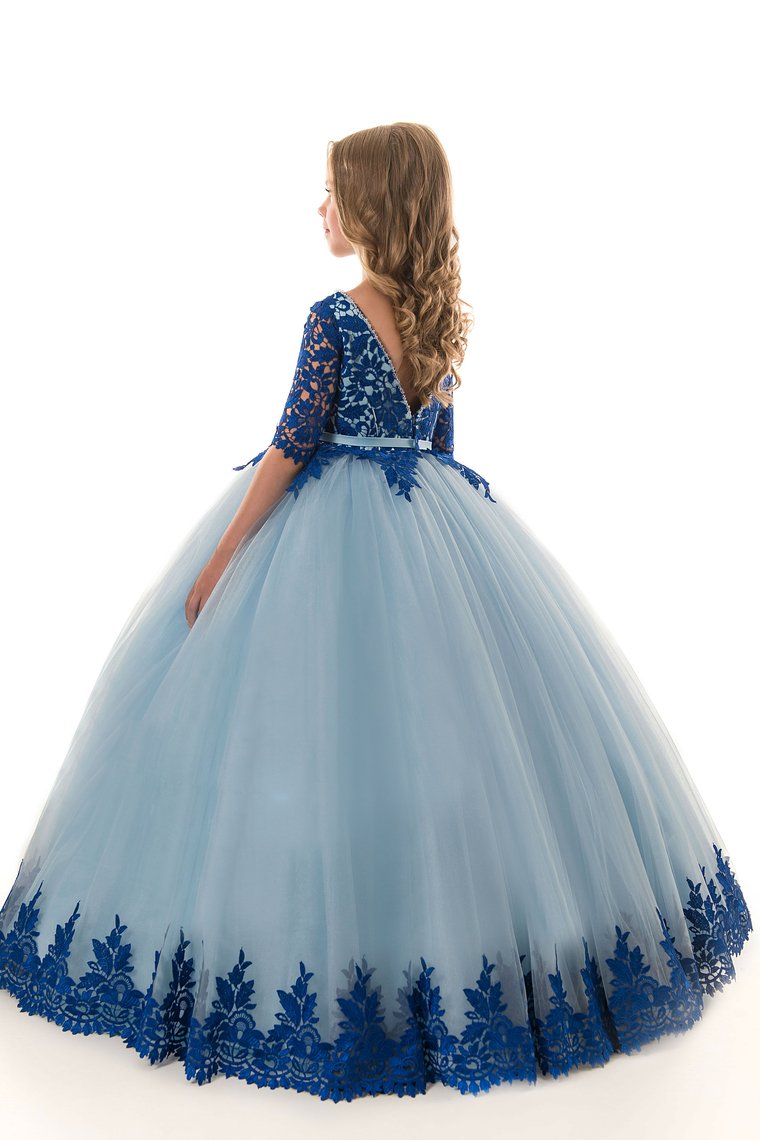 Scoop Ball Gown Mid-Length Sleeves Tulle With Applique Flower Girl Dresses