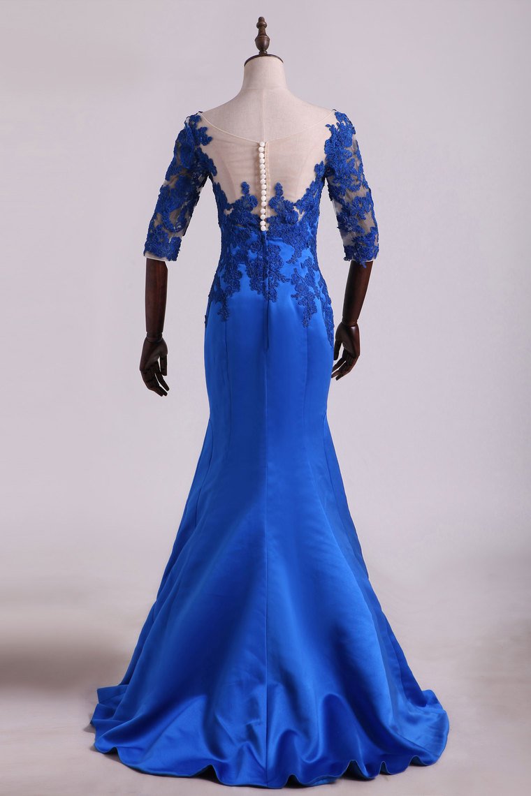 Hot Bateau Dark Royal Blue Mother Of The Bride Dresses 3/4 Length Sleeve With Applique Satin