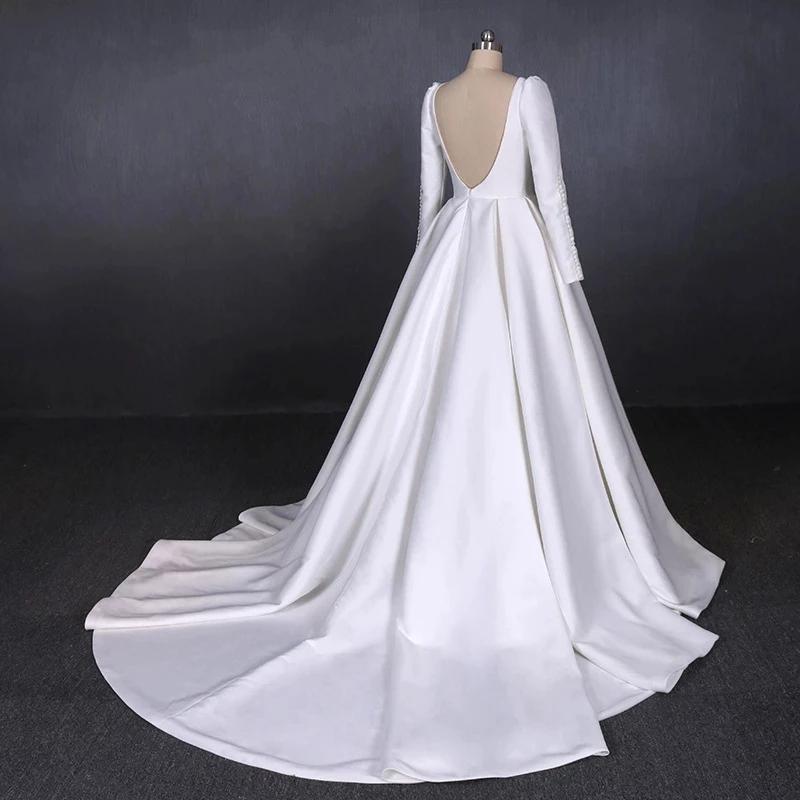 Ball Gown Long Sleeve White Satin Wedding Dresses, Long Simple Wedding Gowns SJS15060