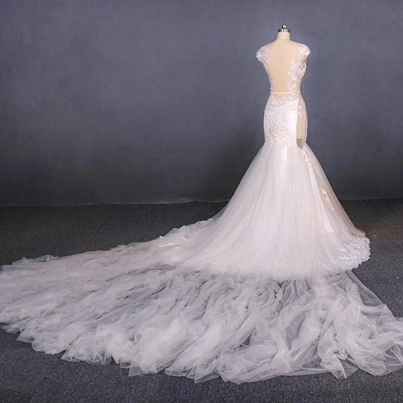 Charming Mermaid Tulle V-neck Wedding Dress, Sheer Back Long Bridal Dresses SJS15112