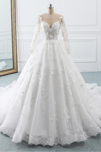 A Line Wedding Dresses Long Sleeves With Applique Tulle Covered Button Sweep Train