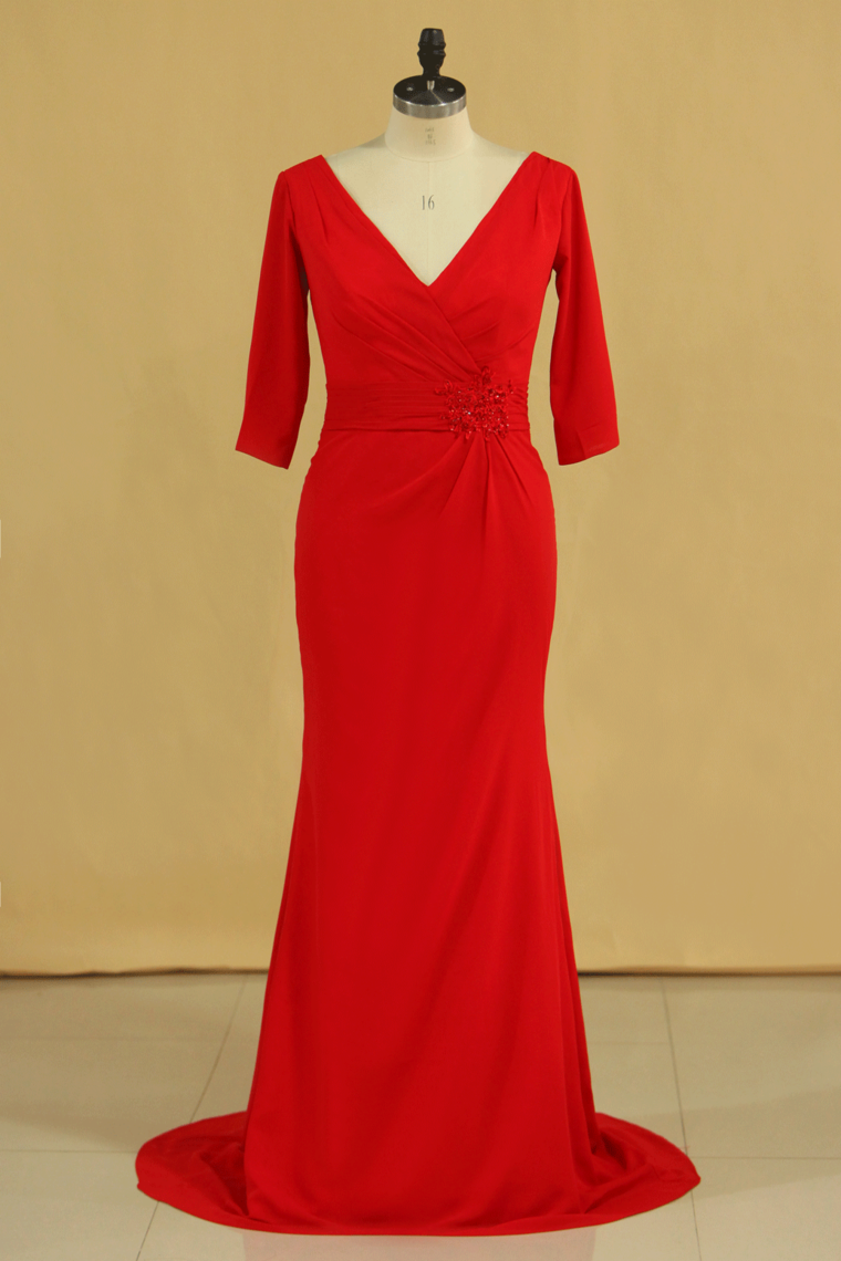 Red Plus Size Mother Of The Bride Dresses V Neck 3/4 Length Sleeve Spandex With Beads Mermaid