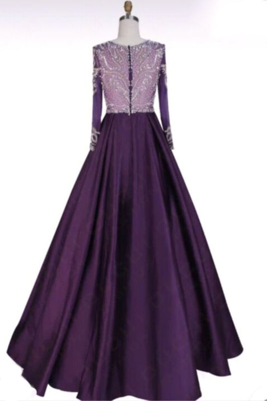 2024 Long Sleeves Scoop Beaded Bodice Taffeta A Line  Prom Dresses