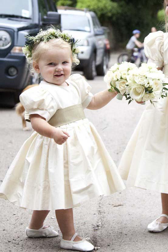 Vintage Juliet Sleeves Tea Length Round Neck Satin Flower Girl Dresses, Little Dresses SJS15606