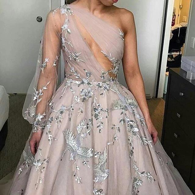 Long Sleeve One Shoulder Sparkly Prom Dress Long Evening Dress, Long Prom Dresses SRS15245