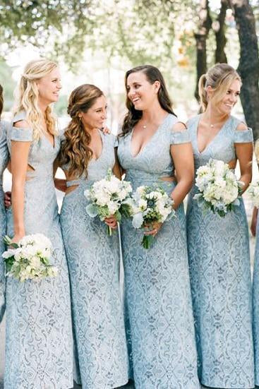 Mermaid Lace Baby Blue V Neck Bridesmaid Dresses for Wedding SJS20425