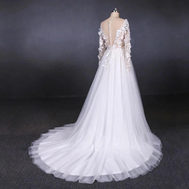 Long Sleeves White A-line Tulle Beach Wedding Dresses with Lace Appliques, Bridal Dress SJS15255