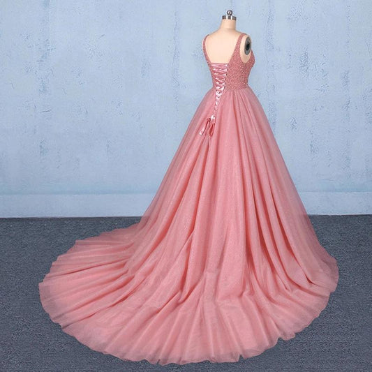 Ball Gown V Neck Tulle Prom Dress with Beads, Puffy Pink Sleeveless Quinceanera Dresses SRS15074