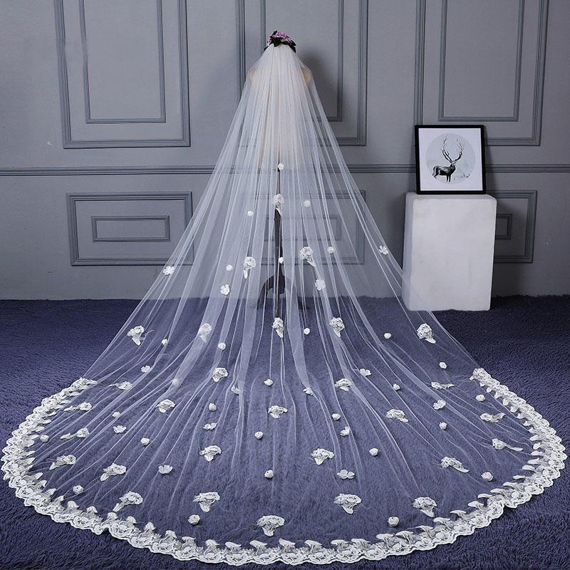 3M Tulle Ivory Wedding Veils with Appliques, Fashion Hand Made Flowers Wedding Veils SJS15544