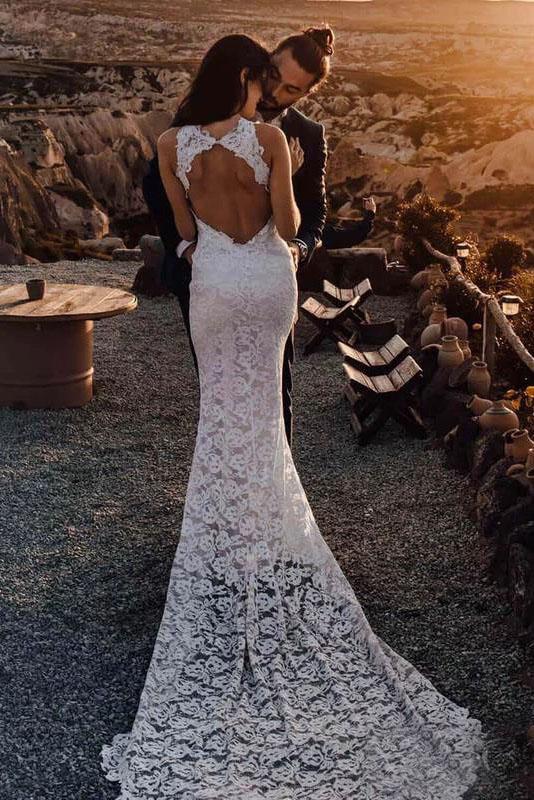 Charming Sheath Lace Bridal Gown with Slit Open Back Ivory Boho Wedding Dresses SJS15124