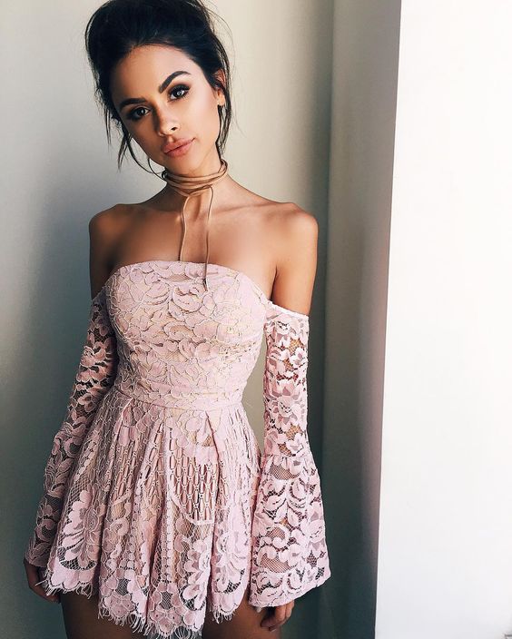 A-Line Off-The-Shoulder Lace Kasey Homecoming Dresses Cocktail Long Sleeves Short Blush 2024