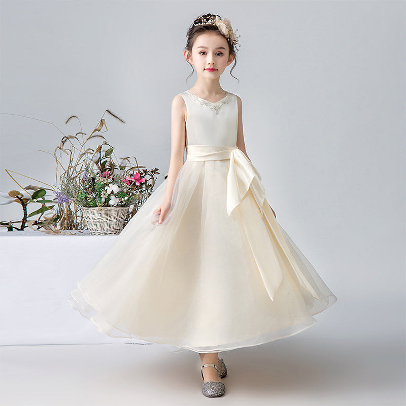 A Line Ivory Sleeveless Tulle Beaded Flower Girl Dresses