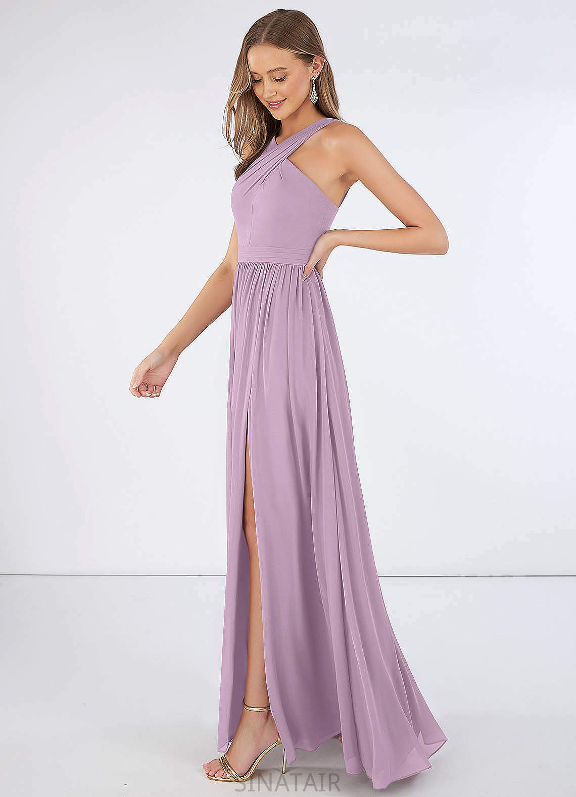 Delilah Natural Waist V-Neck A-Line/Princess Sleeveless Floor Length Bridesmaid Dresses