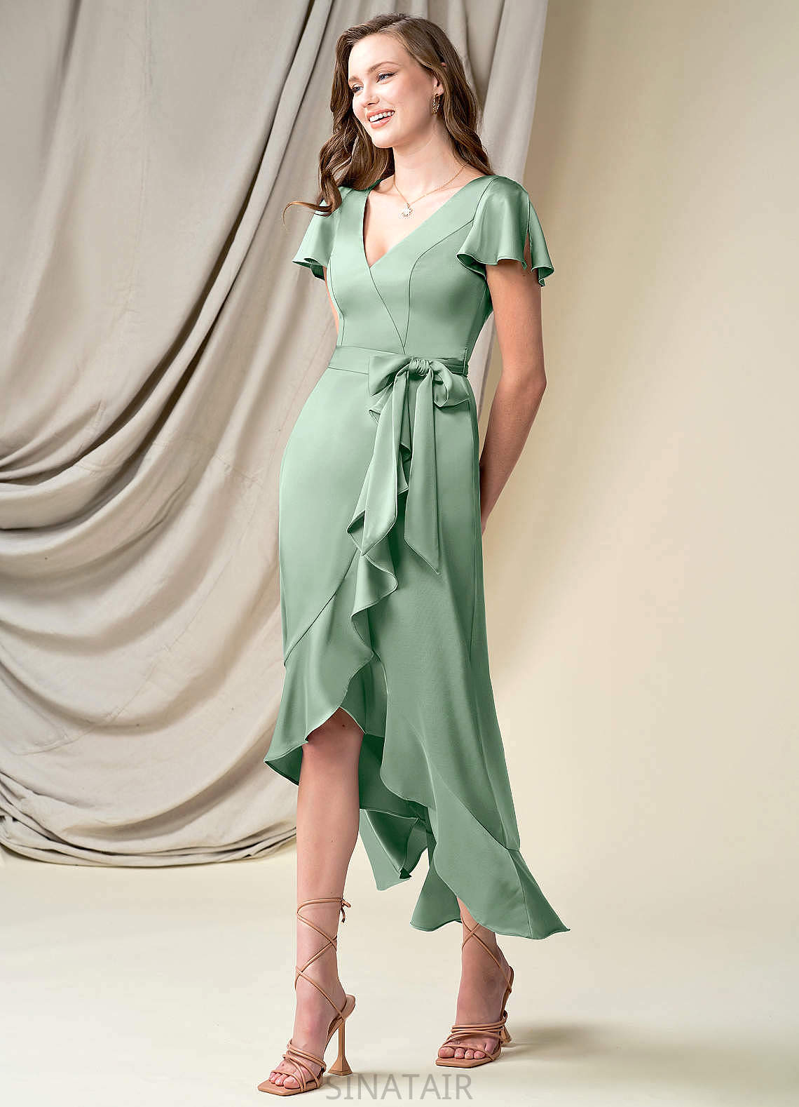 Emilie V-Neck Short Sleeves A-Line/Princess Floor Length Natural Waist Bridesmaid Dresses