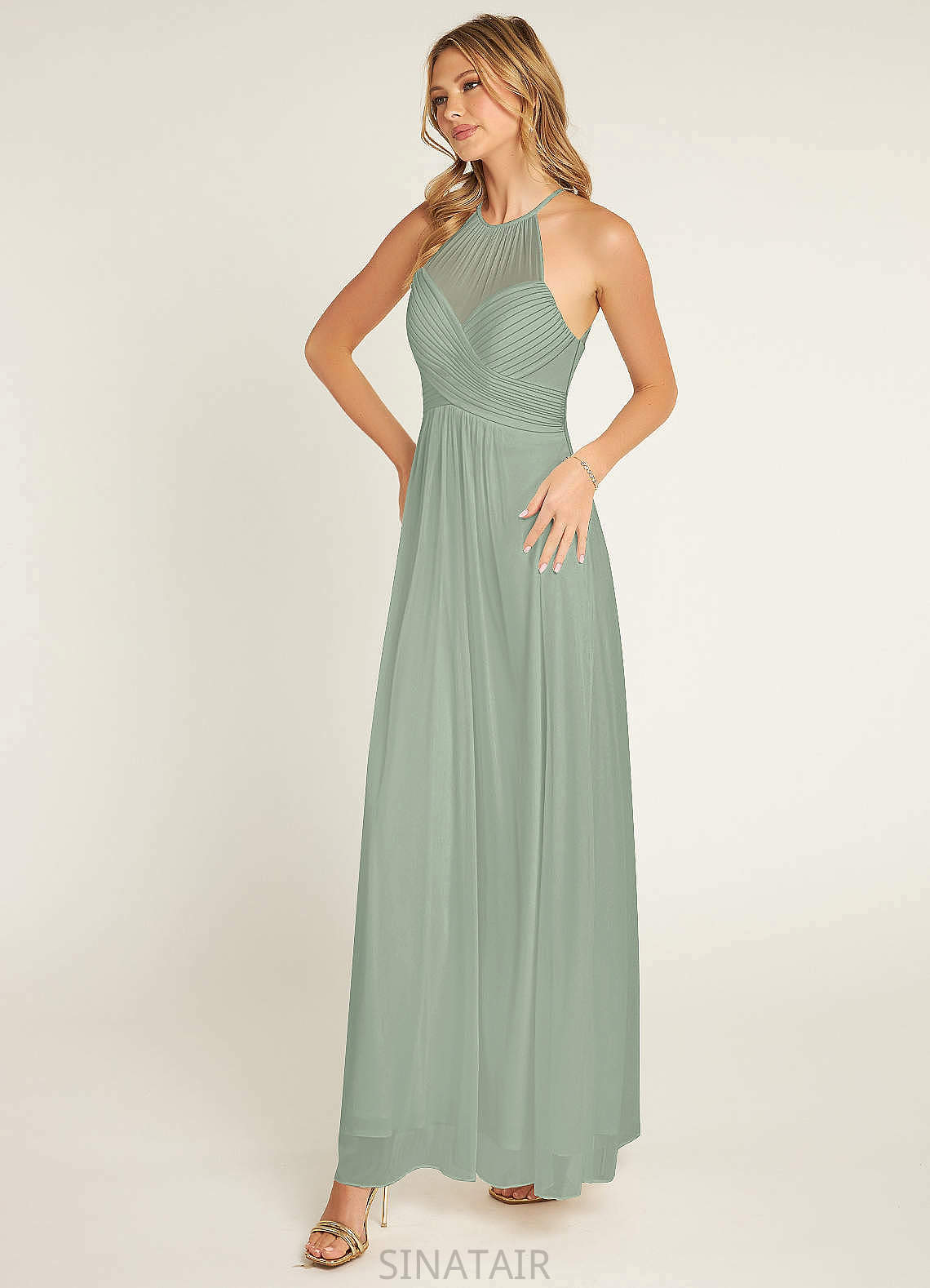 Regan Sleeveless Floor Length Stretch Satin Halter Natural Waist Sheath/Column Bridesmaid Dresses