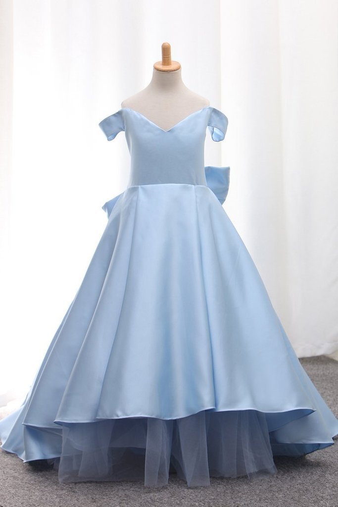 Off The Shoulder Flower Girl Dresses Satin A Line With Bow Knot Asymmetrical