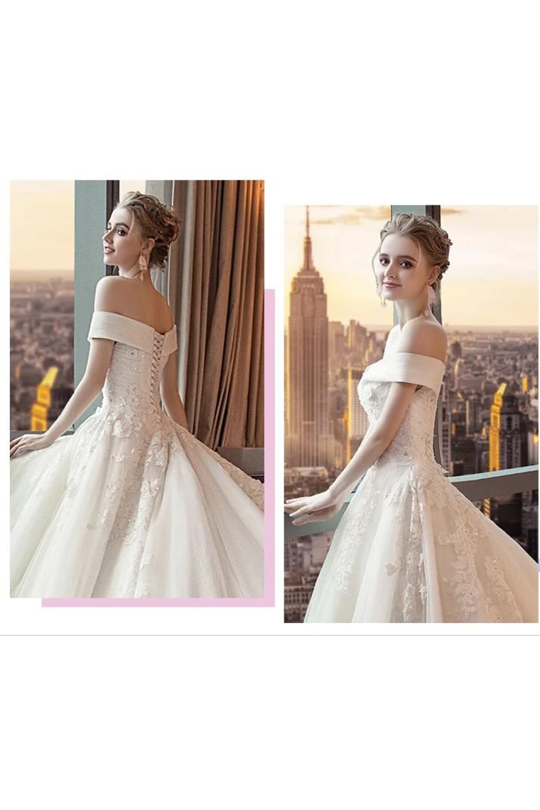 Gorgeous Off The Shoulder Lace Cathedral Train Wedding Dresses Princess Bridal SJSPT58L82L