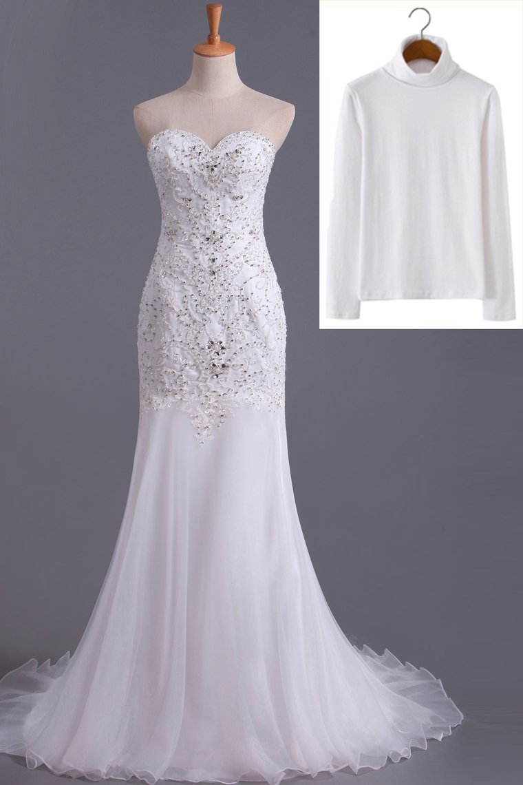 Sweetheart Beaded Bodice Sheath/Column Wedding Dress With Organza Skirt