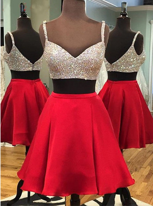 Two Piece Spaghetti Straps Above-Knee Red With Sequins Paola Homecoming Dresses Beading