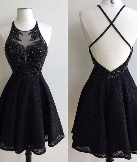 A-Line Jewel Backless Short Black 2024 Karlee Homecoming Dresses Lace With Beading