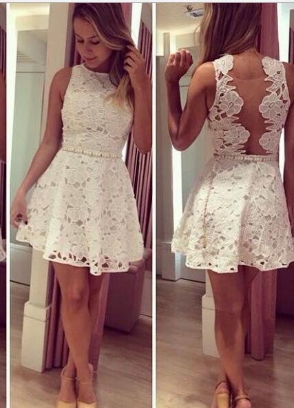 A-Line Bateau Short Homecoming Dresses Rory Lace Illusion Back White With Beading