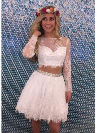 Two Piece Bateau Long Sleeves White Tulle 2024 Lace Cierra Homecoming Dresses With Beading