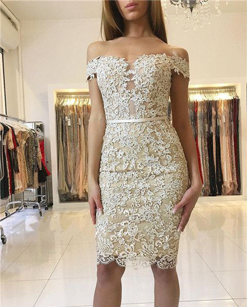 Sheath Off-The-Shoulder Knee-Length Light Champagne Homecoming Dresses Lace Julianne 2024