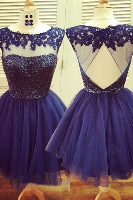 A-Line Jewel Open Back Navy Blue Lace Homecoming Dresses Kenya Tulle Short 2024 With Beading