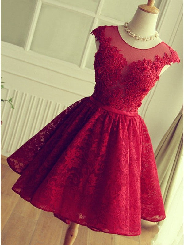 A-Line Jewel Cap Sleeves Red Journey Lace Homecoming Dresses Short 2024 With Beading