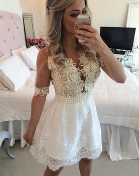 A-Line V-Neck Half Sleeves White Short 2024 With Appliques Edith Homecoming Dresses Lace Pearls