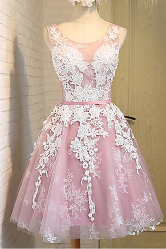 A-Line Scoop -Up Tulle Short Thea Pink Homecoming Dresses Lace 2024 With