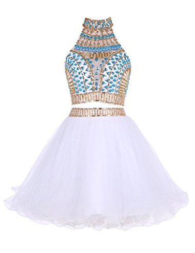 Two Piece High Neck Homecoming Dresses Marcie White Tulle Short 2024 With Beading Rhinestone