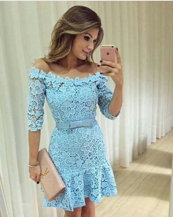 Sheath Off-The-Shoulder Above-Knee Blue 2024 With Lace Ryan Homecoming Dresses Sashes