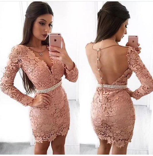 Sheath V-Neck Long Sleeves Blush 2024 Helena Homecoming Dresses Lace With Pearls