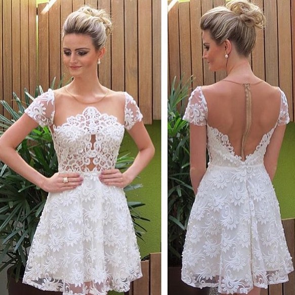 A-Line Jewel Lace Noelle Homecoming Dresses Short Sleeves White 2024 With Illusion Back