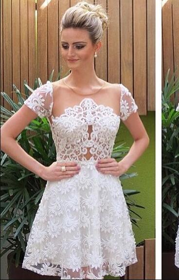 A-Line Jewel Lace Noelle Homecoming Dresses Short Sleeves White 2024 With Illusion Back