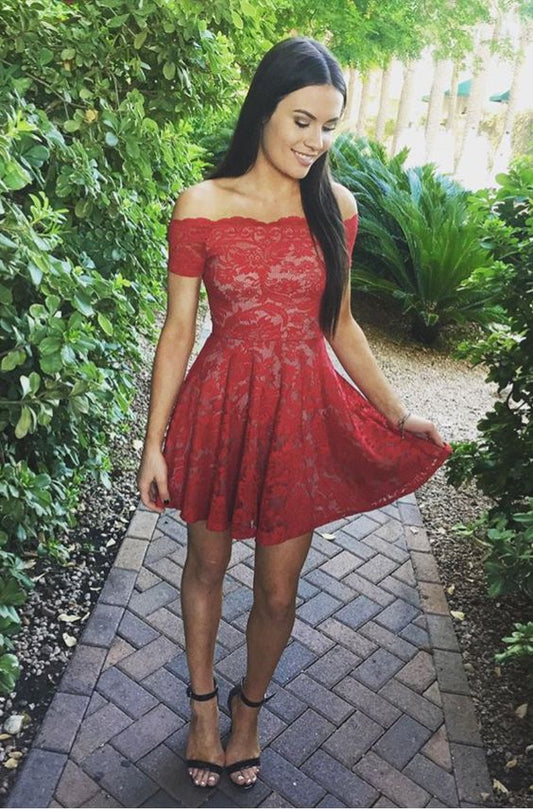 A-Line Off-The-Shoulder Short Sleeves Short Red Homecoming Dresses Silvia Lace 2024