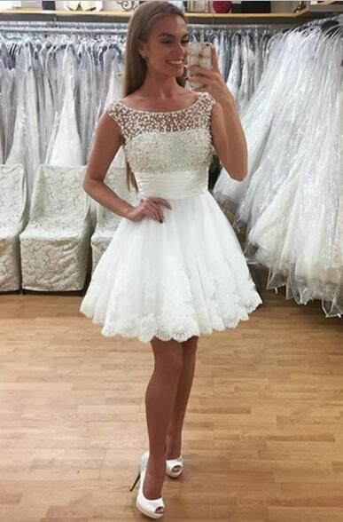 A-Line Crew Neck Short White Homecoming Dresses Germaine Lace 2024 With Beading