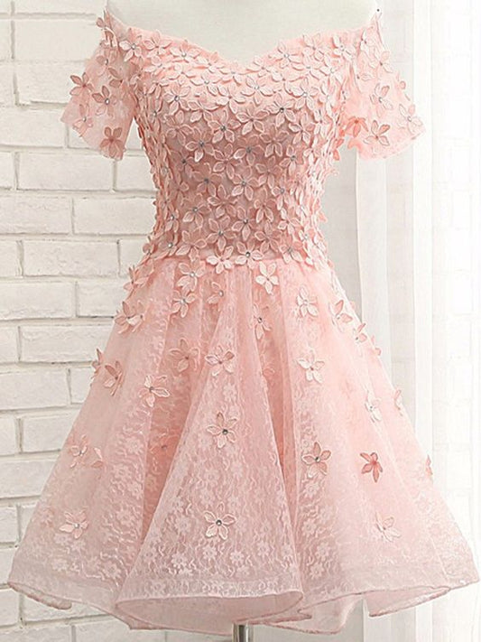 A-Line Off-The-Shoulder Homecoming Dresses Lace Lia Appliques Short Coral 2024