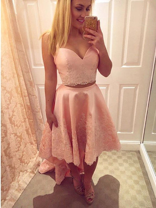 Two Piece Straps Homecoming Dresses Lace Carlie Pink Satin High Low 2024 With