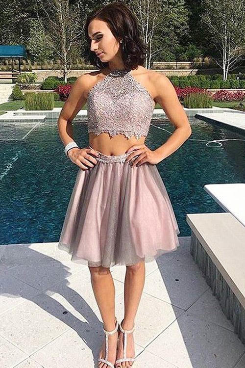 Two Piece Jewel Open Kallie Homecoming Dresses Back Short Blush Tulle Dresses Prom