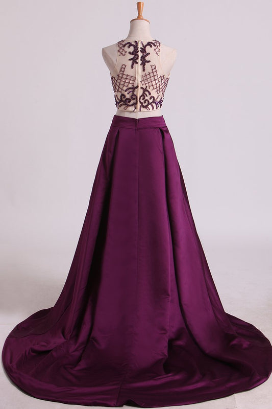 Two Pieces A Line Scoop Beaded Bodice Prom Dresses Satin & Tulle Sweep Train Grape