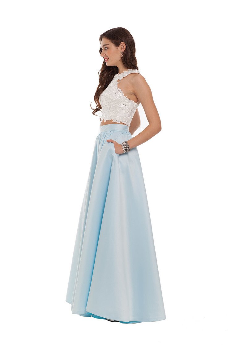 Two Pieces Prom Dresses Satin With Applique Floor Length