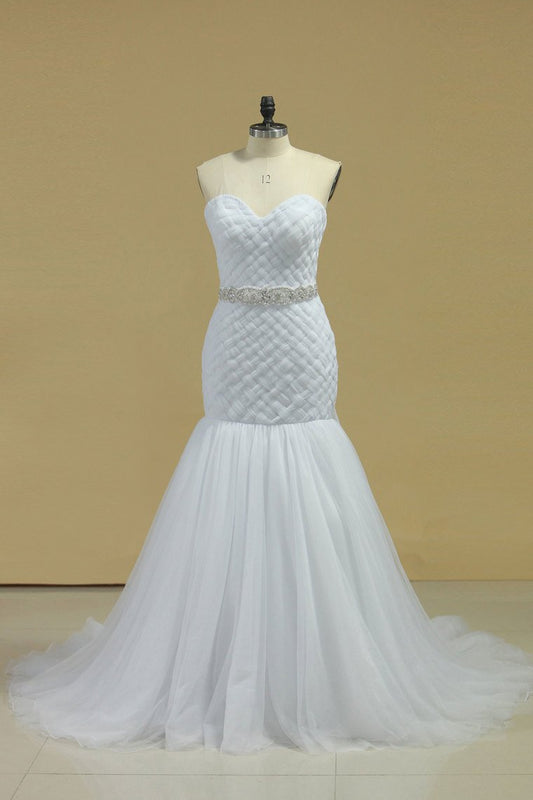 Sweetheart Ruffled Bodice Mermaid Wedding Dress Tulle With Beading