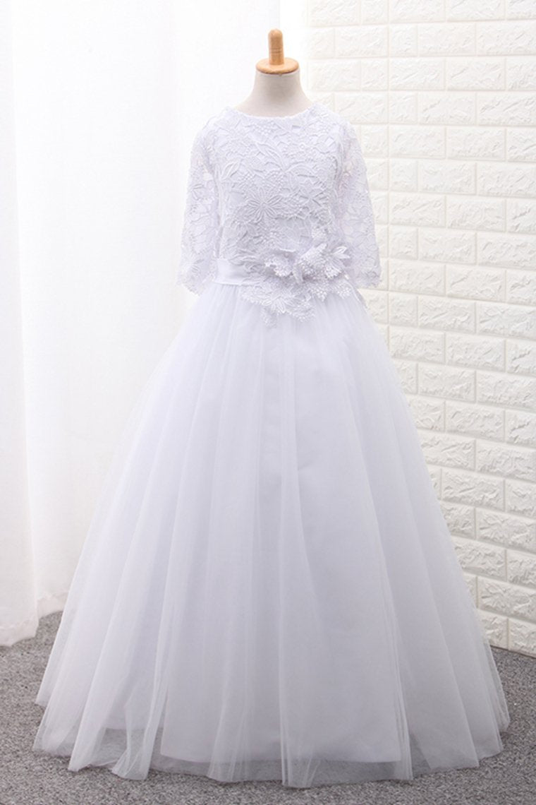 Tulle Scoop Flower Girl Dresses Ball Gown Mid-Length Sleeves With Sash