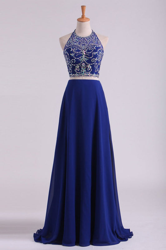 Bateau Two Pieces Prom Dresses Dark Royal Blue A Line Beaded Bodice Open Back Floor Length Chiffon & Tulle