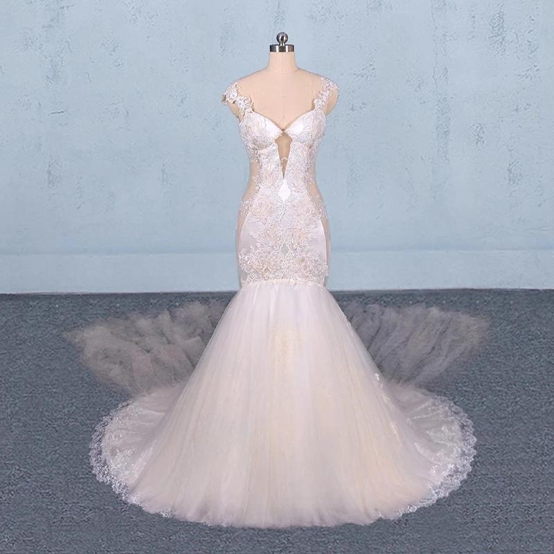 Charming Mermaid Tulle V-neck Wedding Dress, Sheer Back Long Bridal Dresses SJS15112