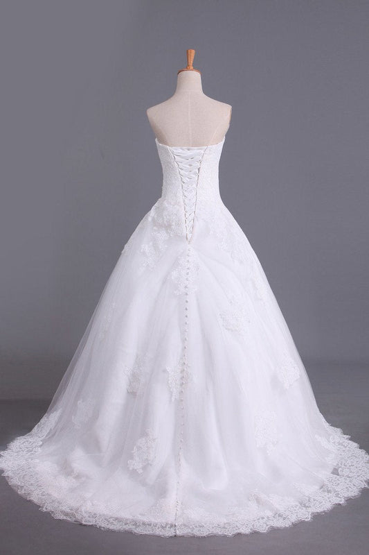 Hot Wedding Dresses A Line Strapless Tulle With Applique Court Train