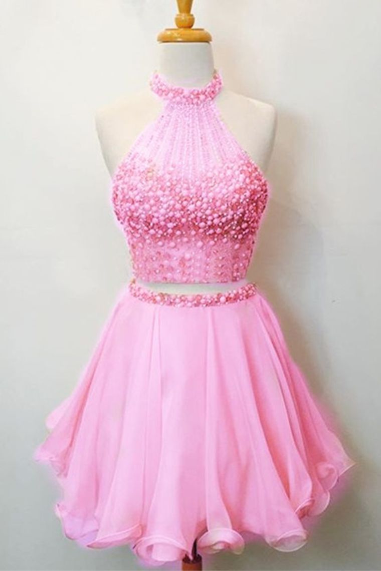 2024 A Line/Princess Halter Homecoming Dresses Chiffon Beaded Bodice Two Pieces